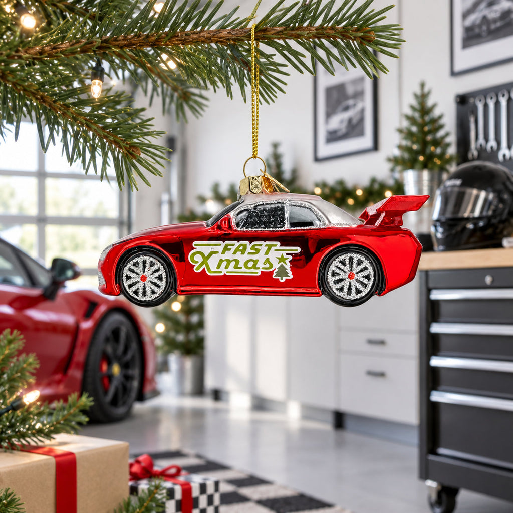 Sports Racing Car with Spoiler Glass Christmas Ornament
