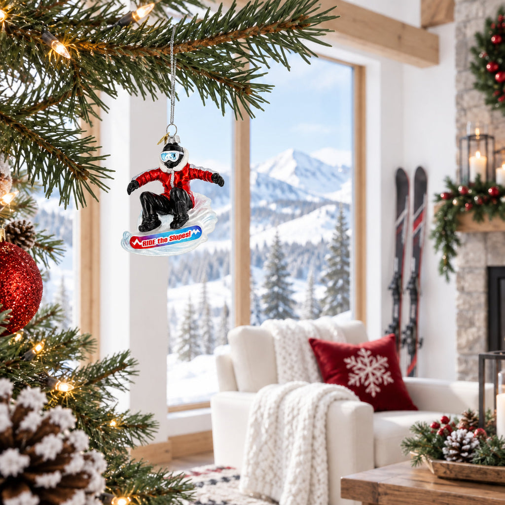 Hit the Slopes Snowboarder Glass Christmas Ornament