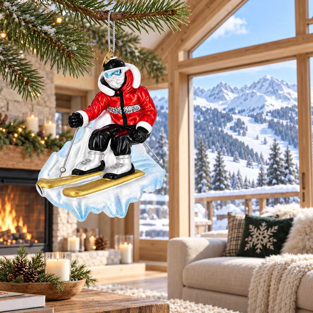 Alpine Downhill Skier on Slopes Glass Christmas Ornament