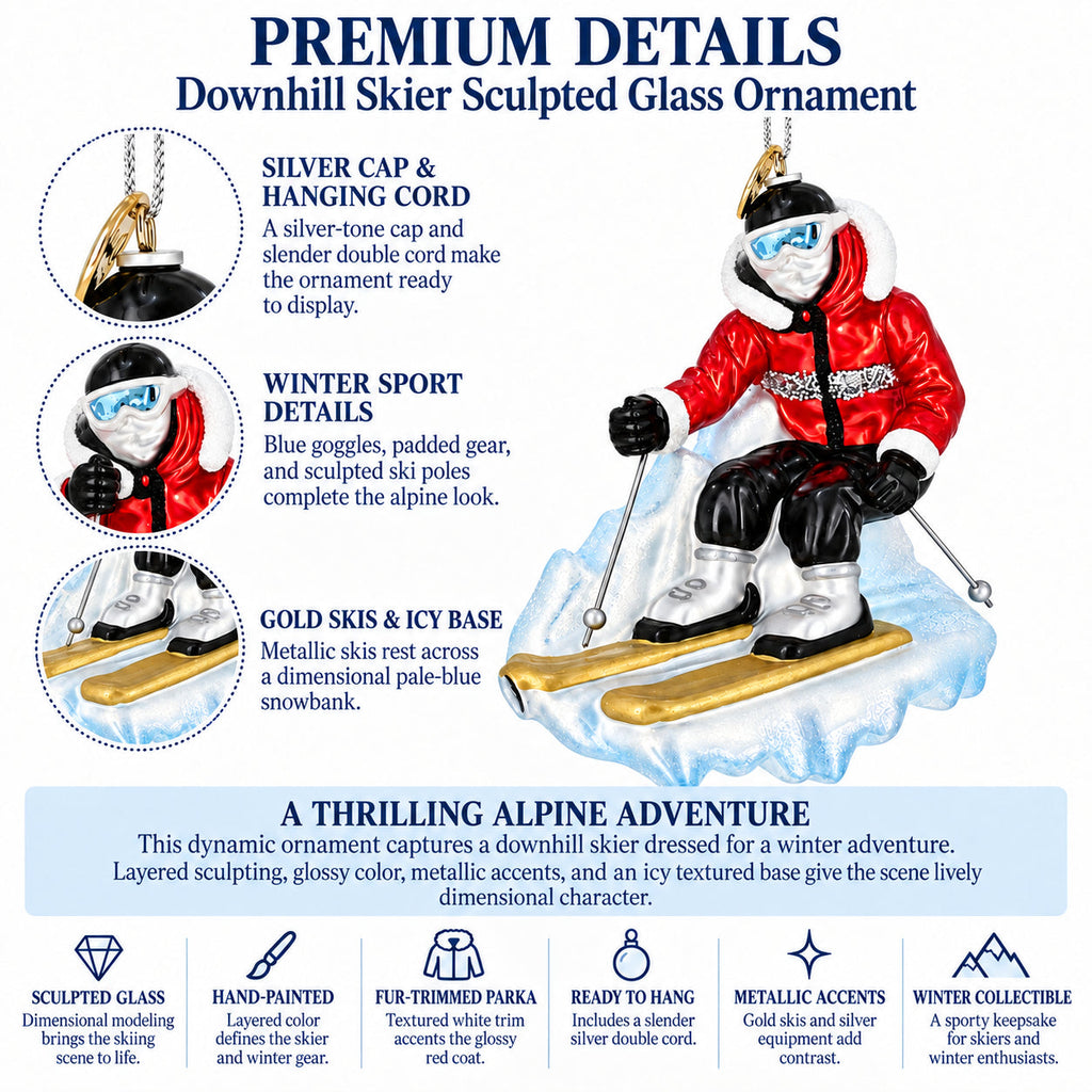 Alpine Downhill Skier on Slopes Glass Christmas Ornament