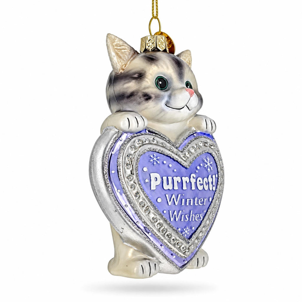 Purrfect Winter Wishes Cat Heart Glass Christmas Ornament