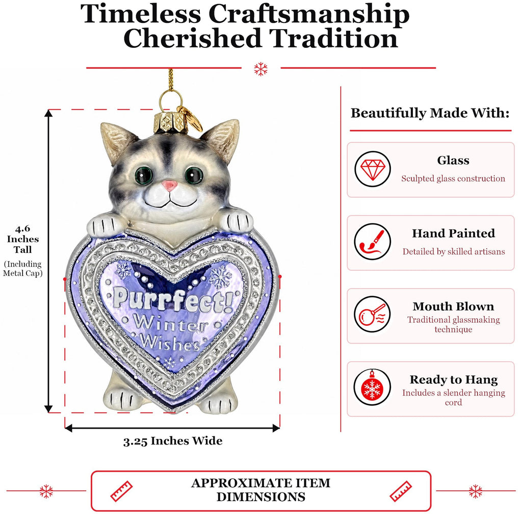 Purrfect Winter Wishes Cat Heart Glass Christmas Ornament