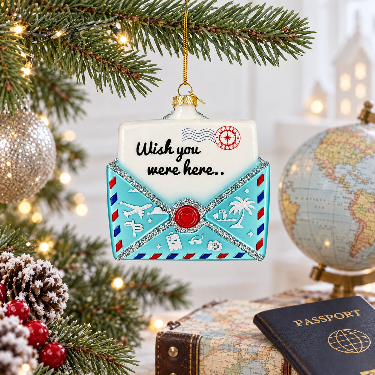 Nostalgic Wish You Were Postcard Mail Letter Glass Christmas Ornament
