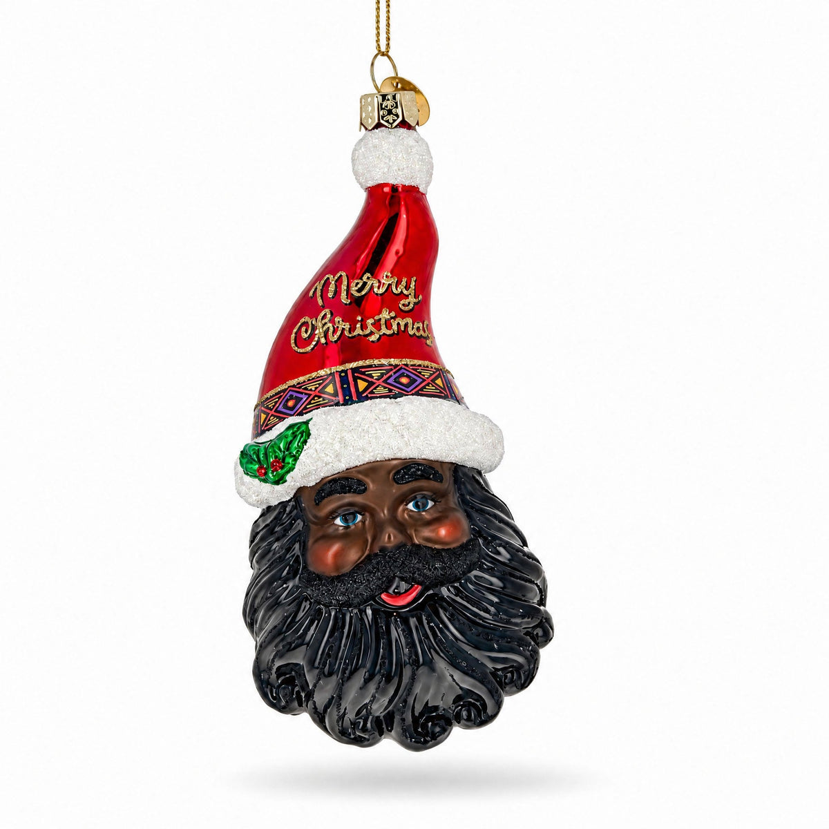 African American Black Santa Claus Head Glass Christmas Ornament