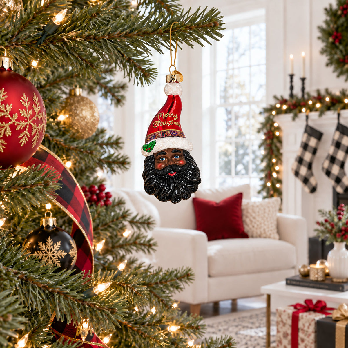 African American Black Santa Claus Head Glass Christmas Ornament