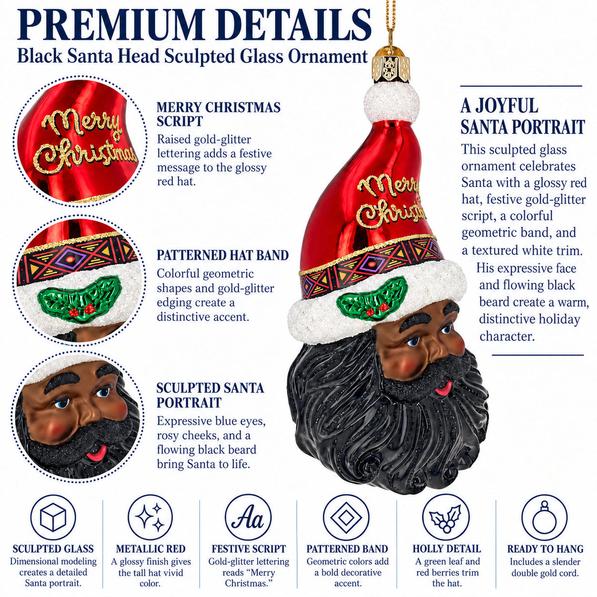 African American Black Santa Claus Head Glass Christmas Ornament