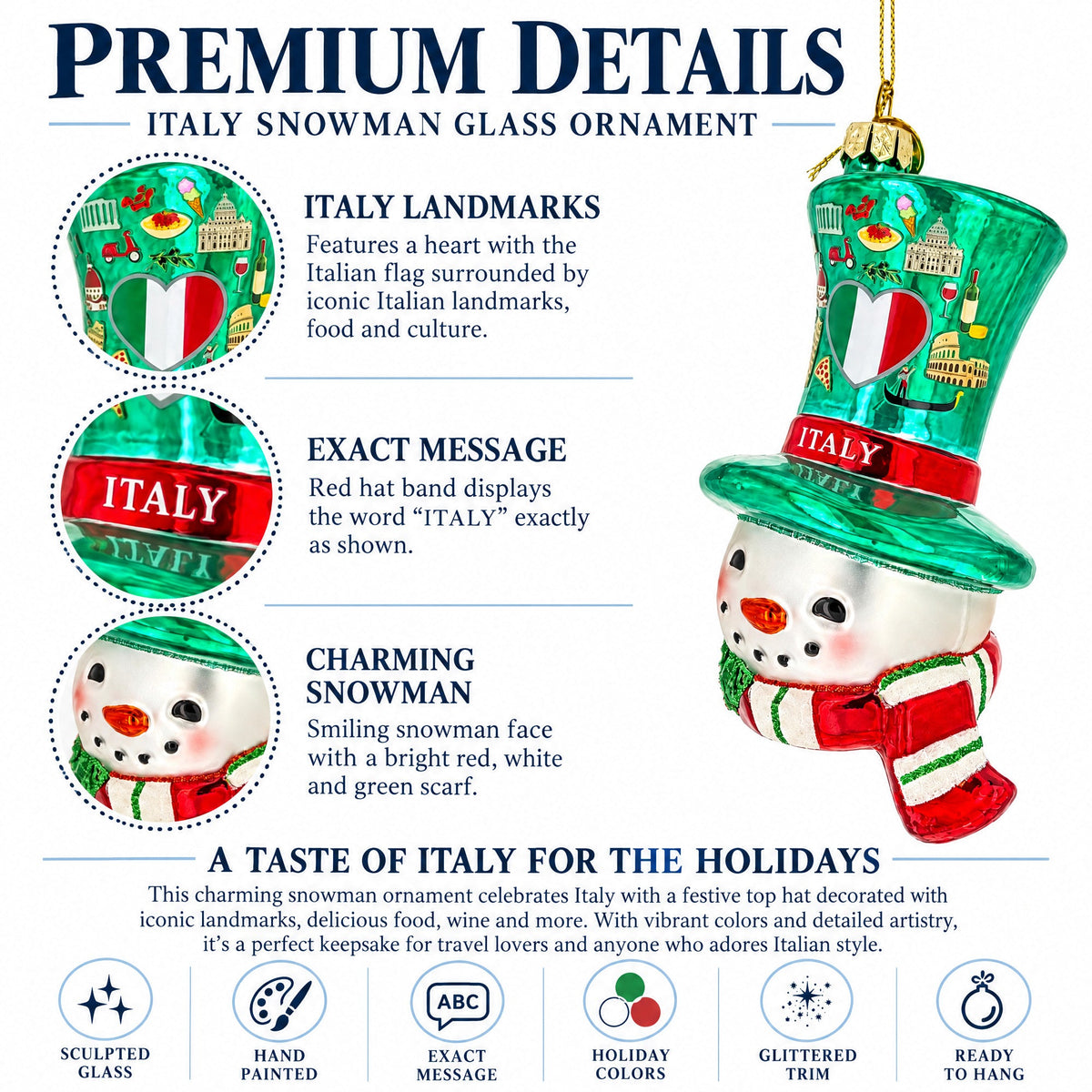 Italy Flag Snowman Head Green Top Hat Glass Christmas Ornament