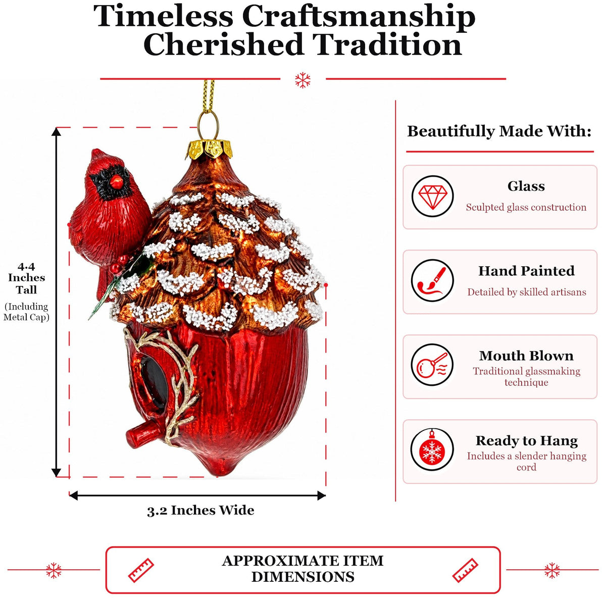 Red Cardinal Bird on Snowy Pinecone Birdhouse Glass Christmas Ornament