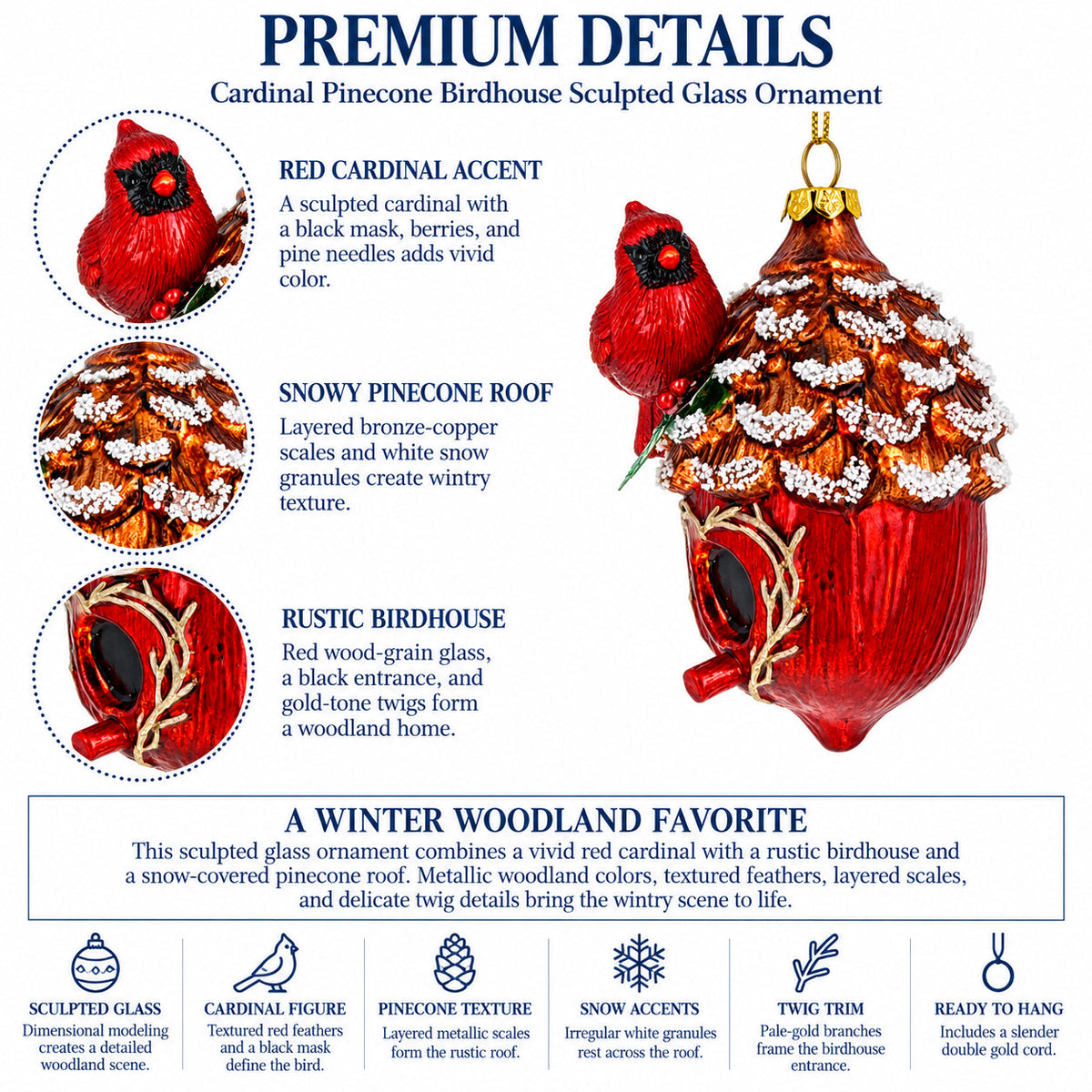 Red Cardinal Bird on Snowy Pinecone Birdhouse Glass Christmas Ornament