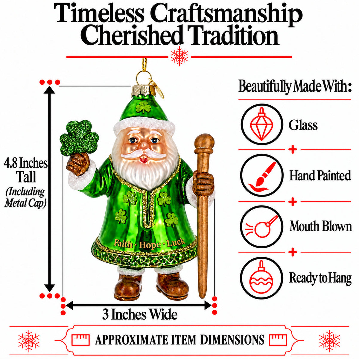 Irish Green Santa Claus Holding Shamrock Glass Christmas Ornament