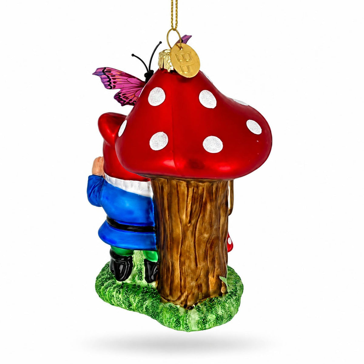 Garden Gnome with Mushroom Mailbox Glass Christmas Ornament