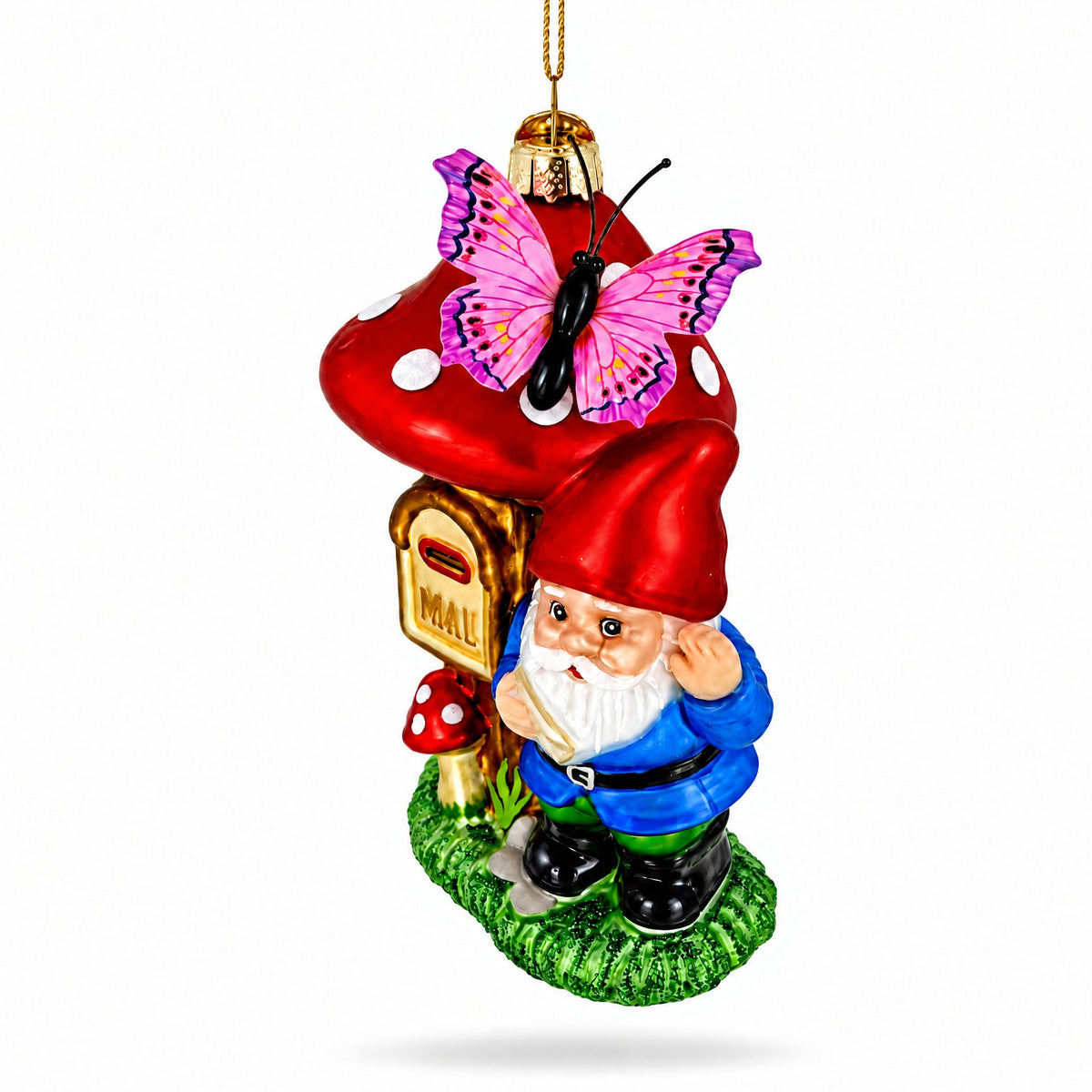 Garden Gnome with Mushroom Mailbox Glass Christmas Ornament