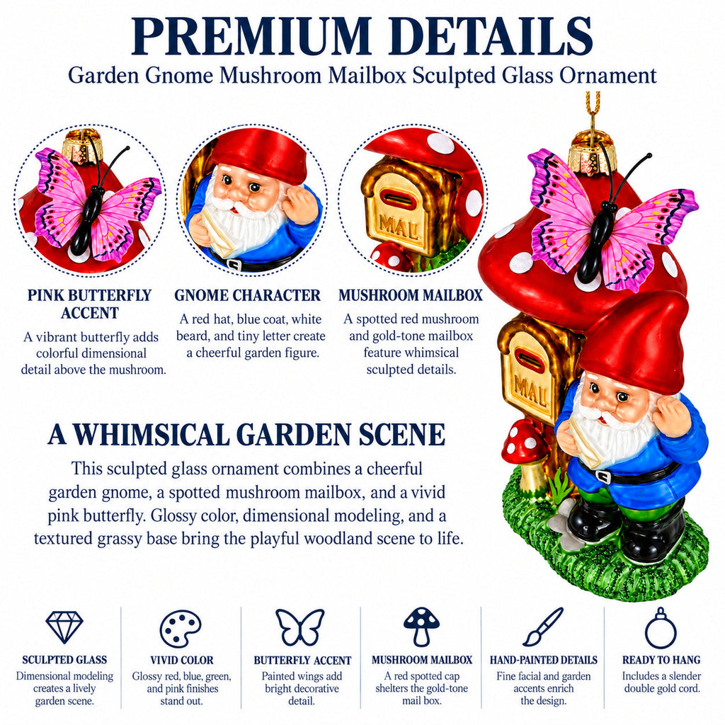 Garden Gnome with Mushroom Mailbox Glass Christmas Ornament