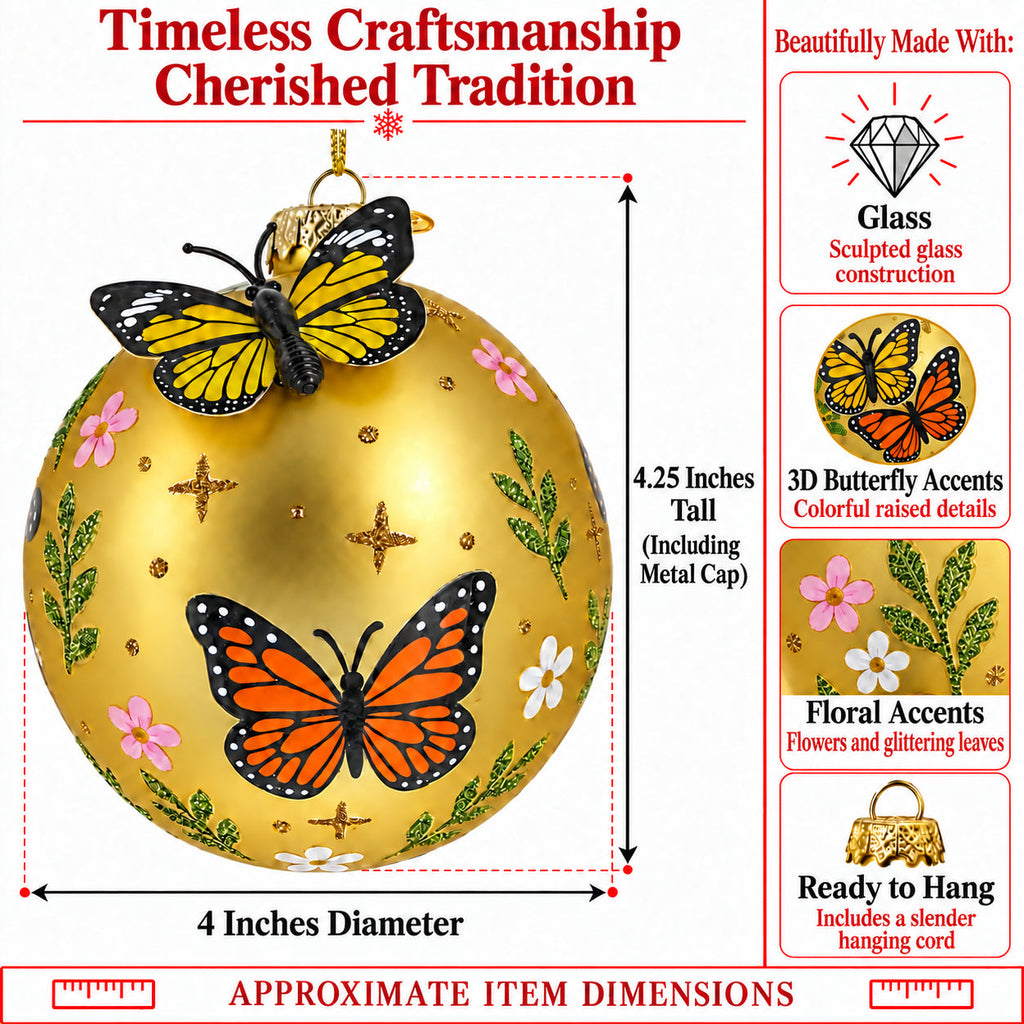 3D Yellow Butterfly Gold Round Ball Glass Christmas Ornament