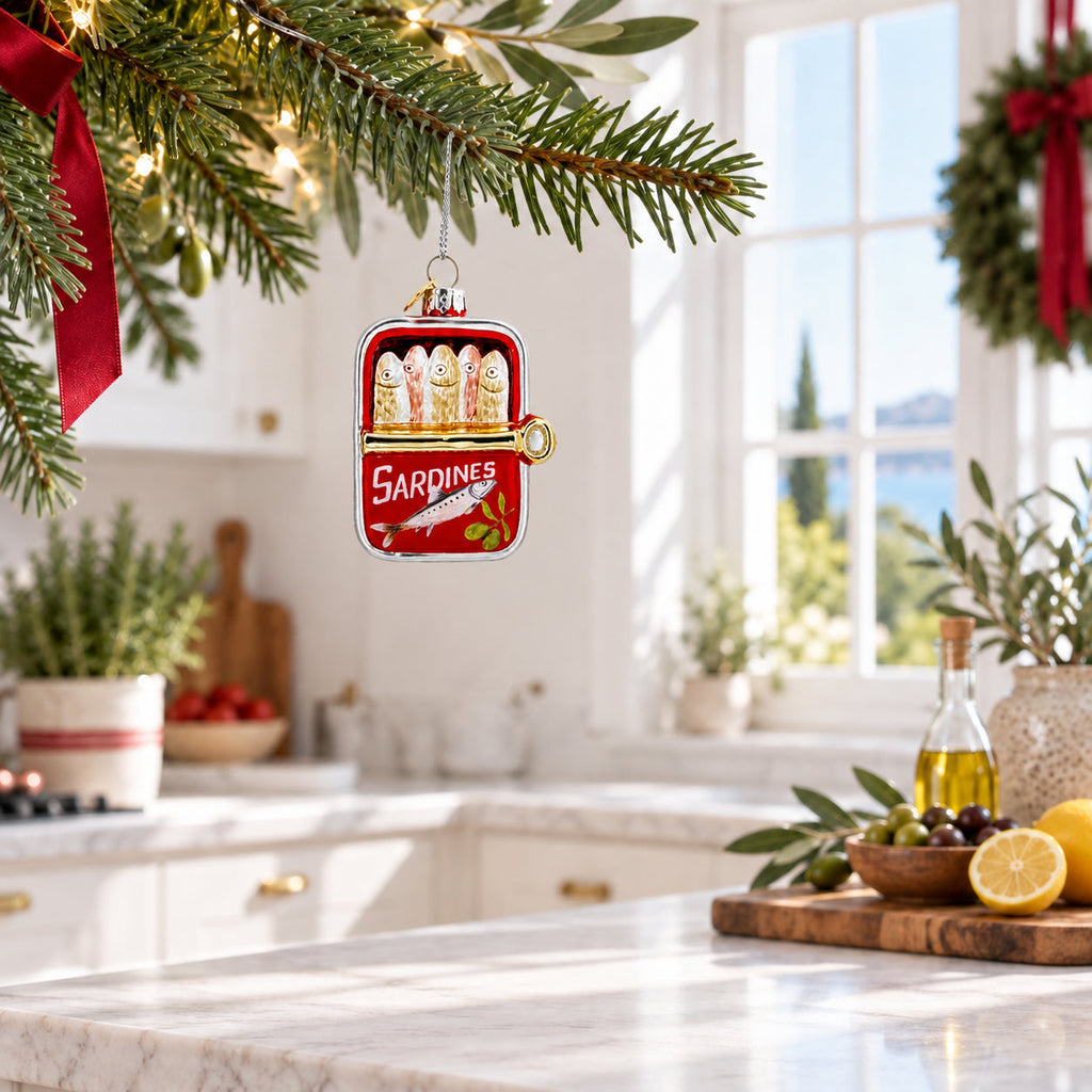 Opened Red Tin Can of Sardines Glass Christmas Ornament