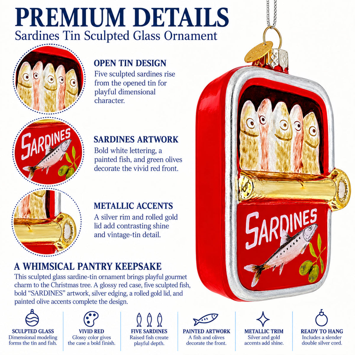 Opened Red Tin Can of Sardines Glass Christmas Ornament