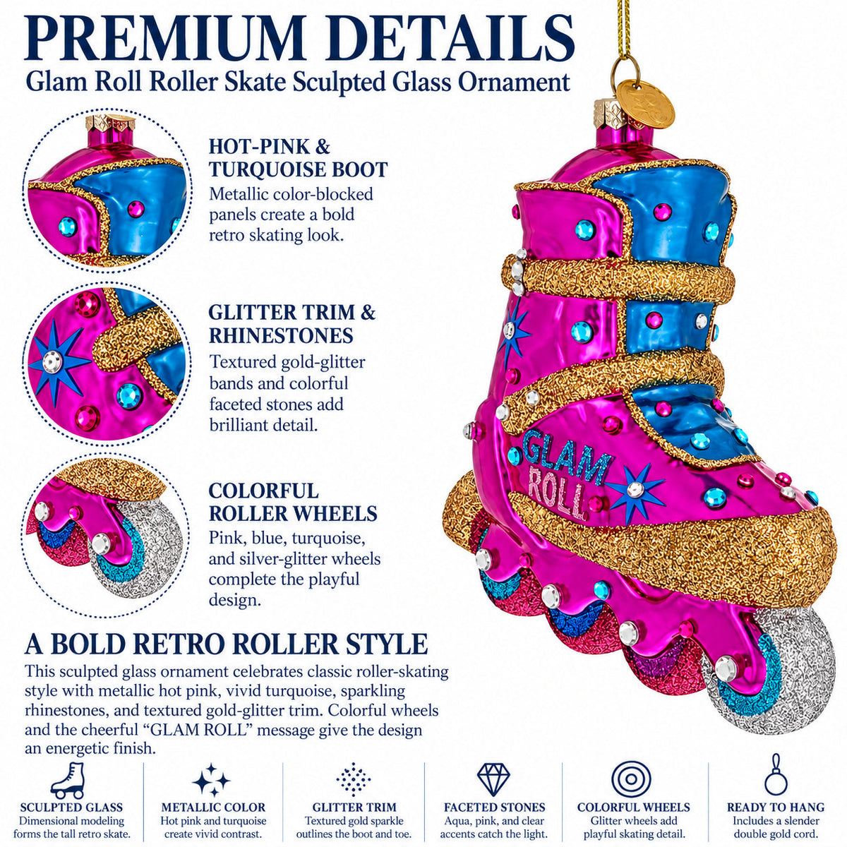 Pink Glitter Rollerblade Inline Skate Glass Christmas Ornament