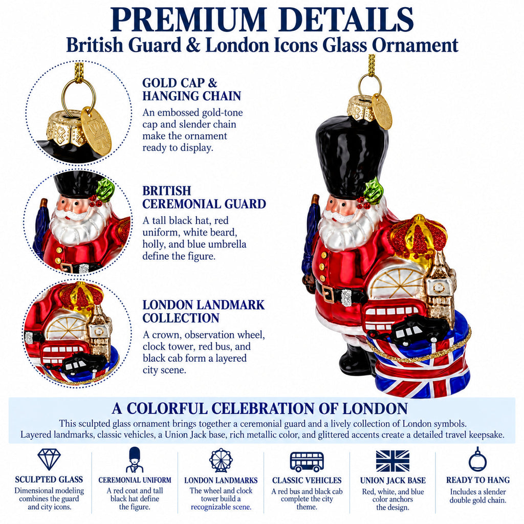 London Royal Guard Santa Union Jack Drum Glass Christmas Ornament