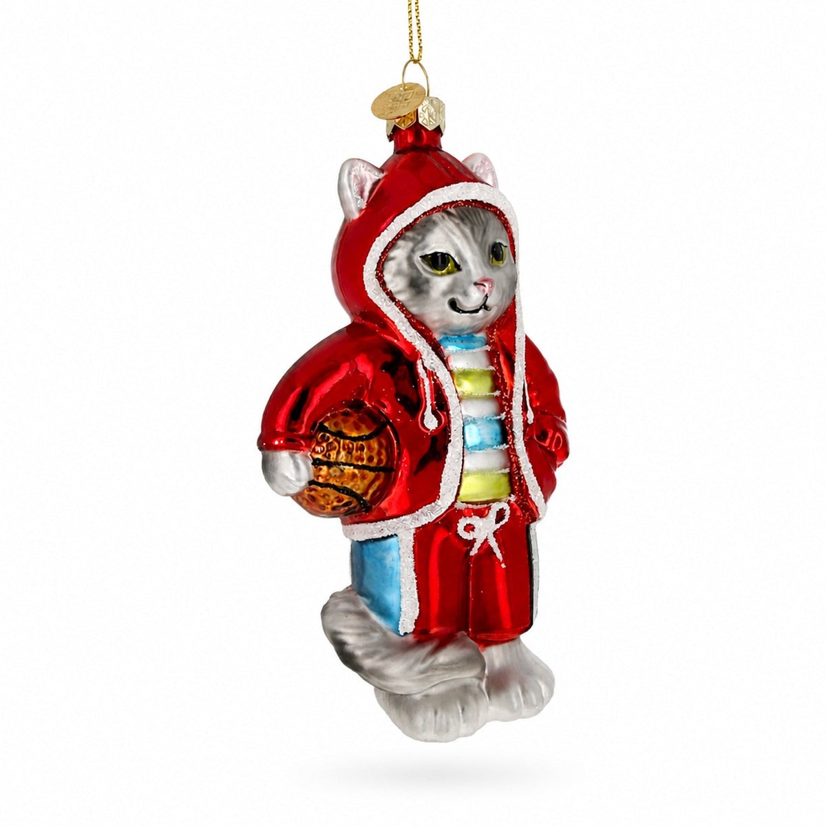 Basketball Player Cat Red Sweatshirt Sport Glass Christmas Ornament
