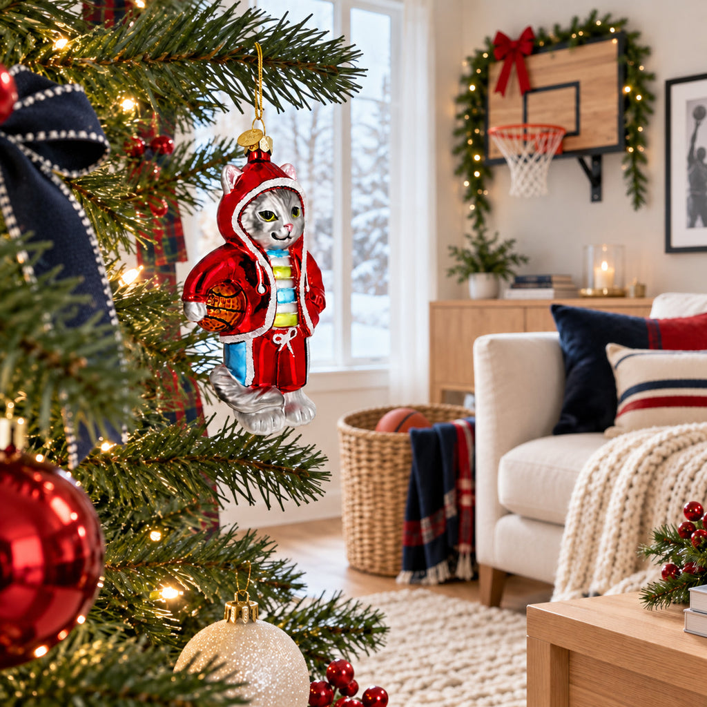 Basketball Player Cat Red Sweatshirt Sport Glass Christmas Ornament