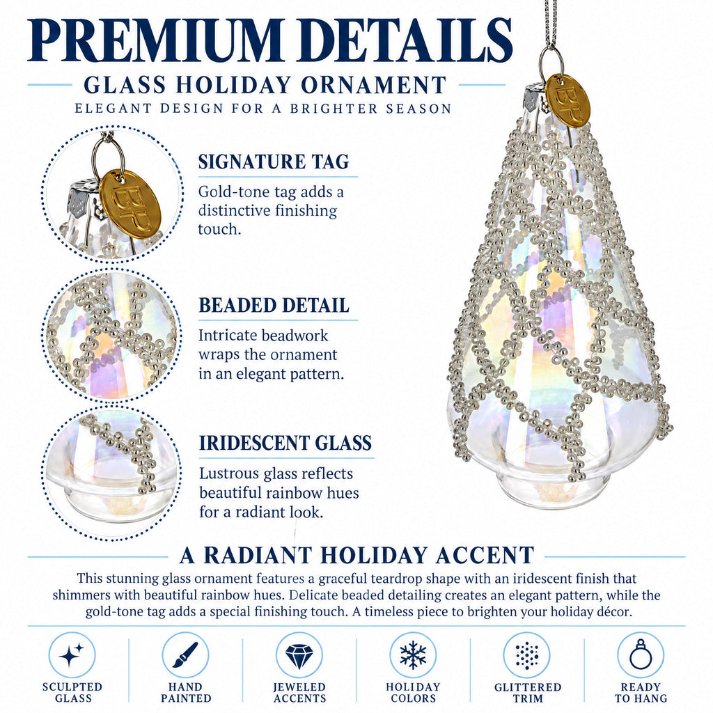 Iridescent Frosted Teardrop Clear Glass Christmas Ornament