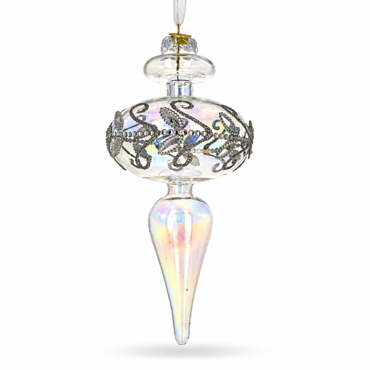 Clear Glass Finial With Silver Swirls Christmas Ornament
