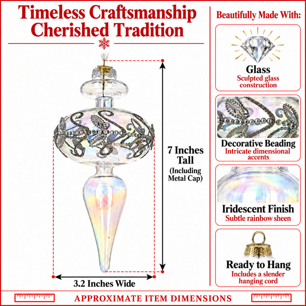 Clear Glass Finial With Silver Swirls Christmas Ornament