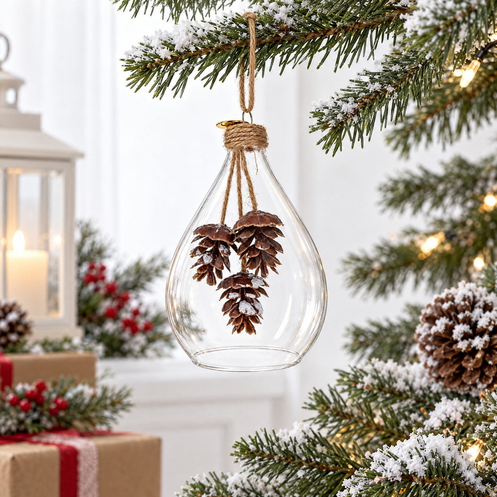 Clear Glass Teardrop With Frosted Pinecones Christmas Ornament