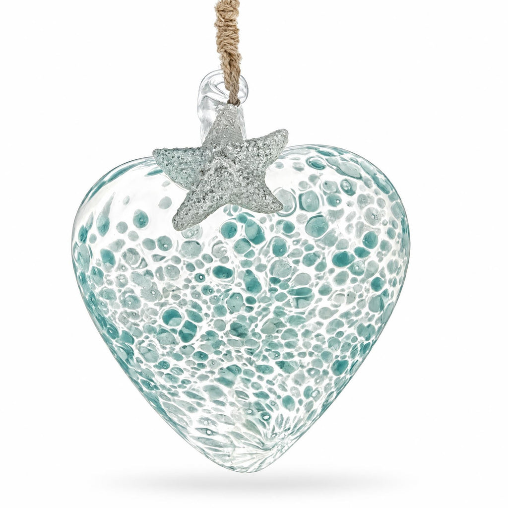 Blue Speckled Glass Heart With Starfish Christmas Ornament