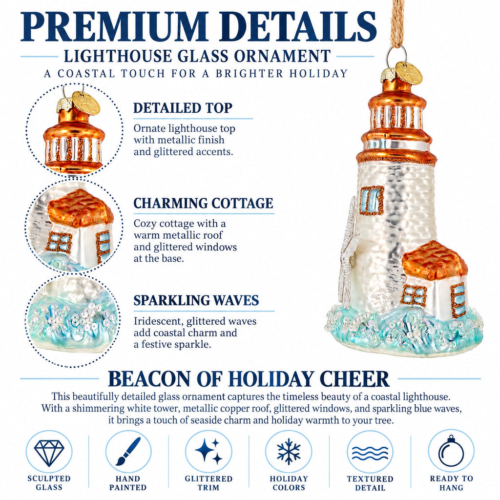Nautical Lighthouse With Starfish Glass Christmas Ornament
