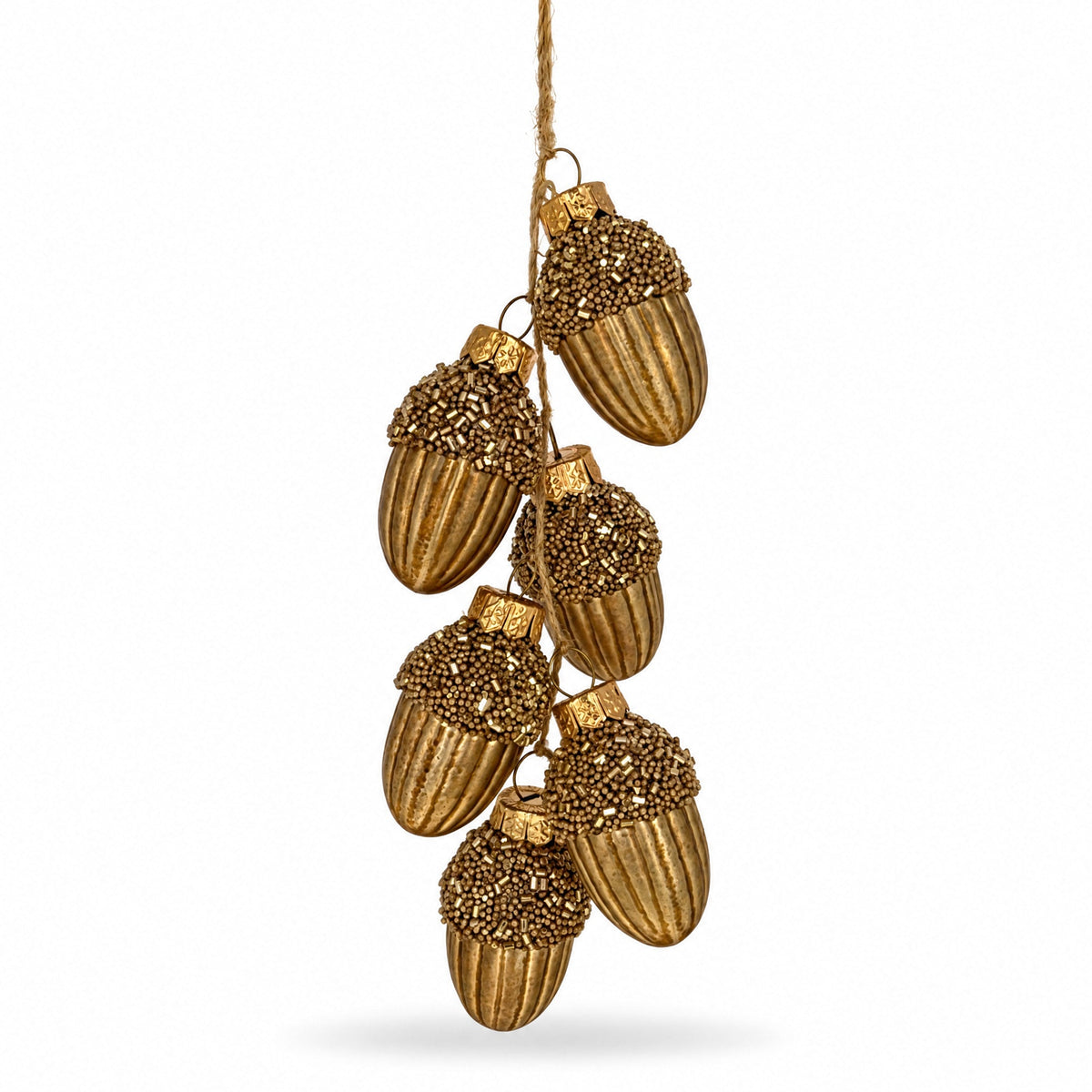 Gold Glitter Acorn Bunch Glass Christmas Ornament