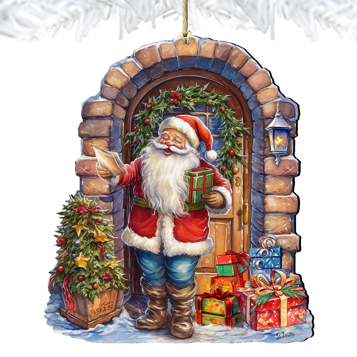 Santa's Surprise Visit Holiday Wooden Ornaments by G. Debrekht Christmas Santa Snowman Decor - 8611045