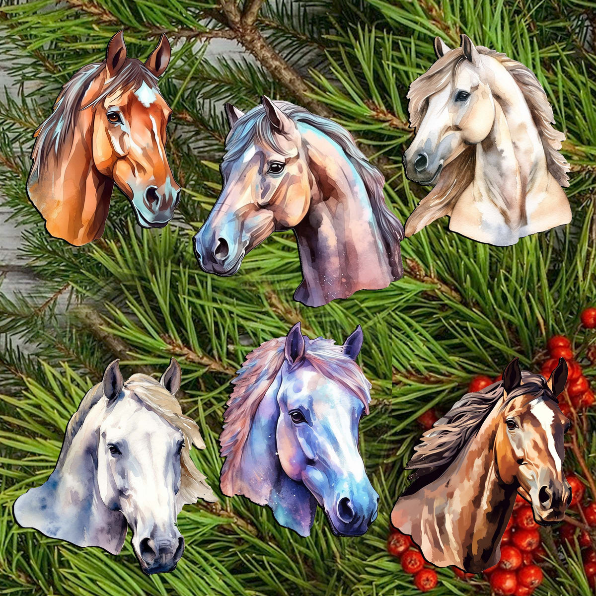 Horses Clip-On Eco Wood Decorative Ornaments Set of 6 by G. Debrekht - Christmas Decor - 8090039C-S6