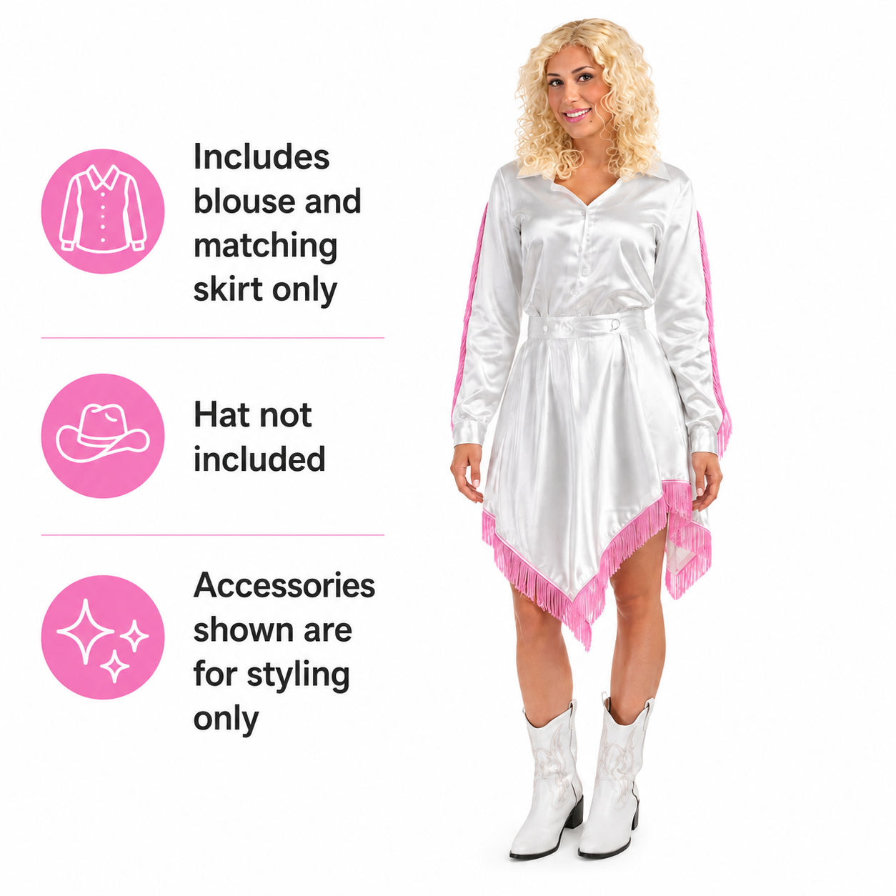 Women’s Country Singer Costume – White & Pink Fringe Blouse & Skirt