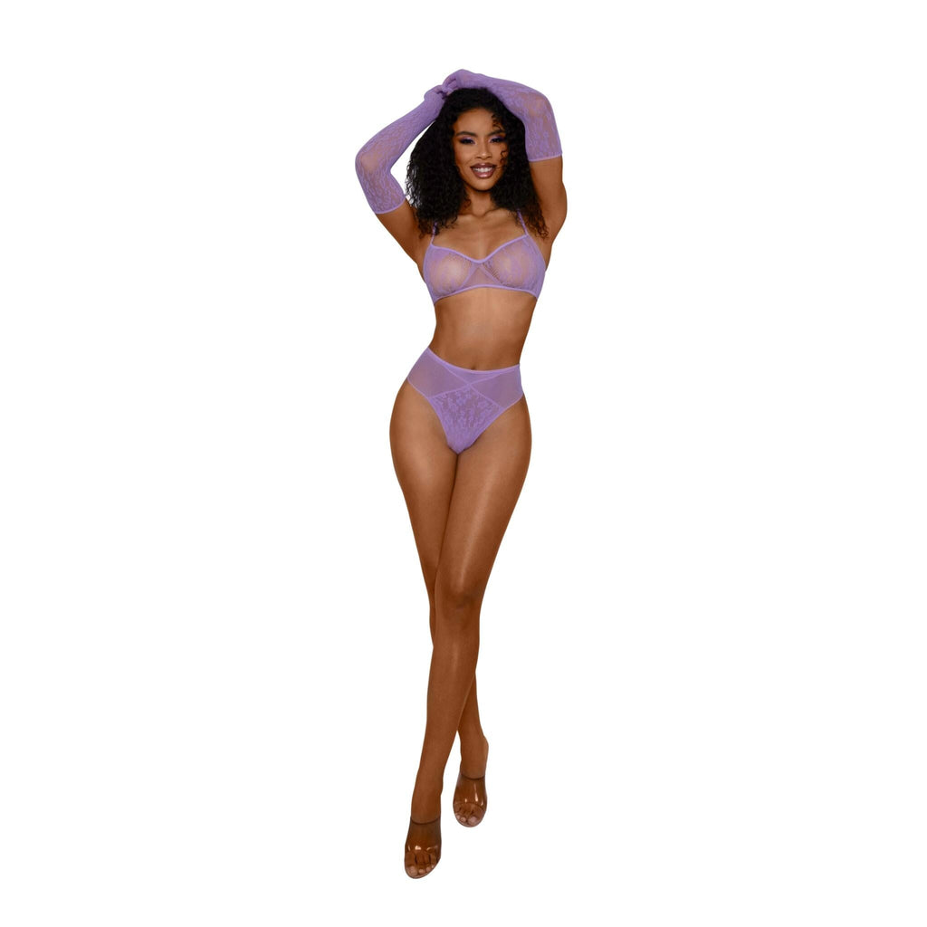 Dreamgirl Lace Bralette Panty and Gloves Set - Lilac