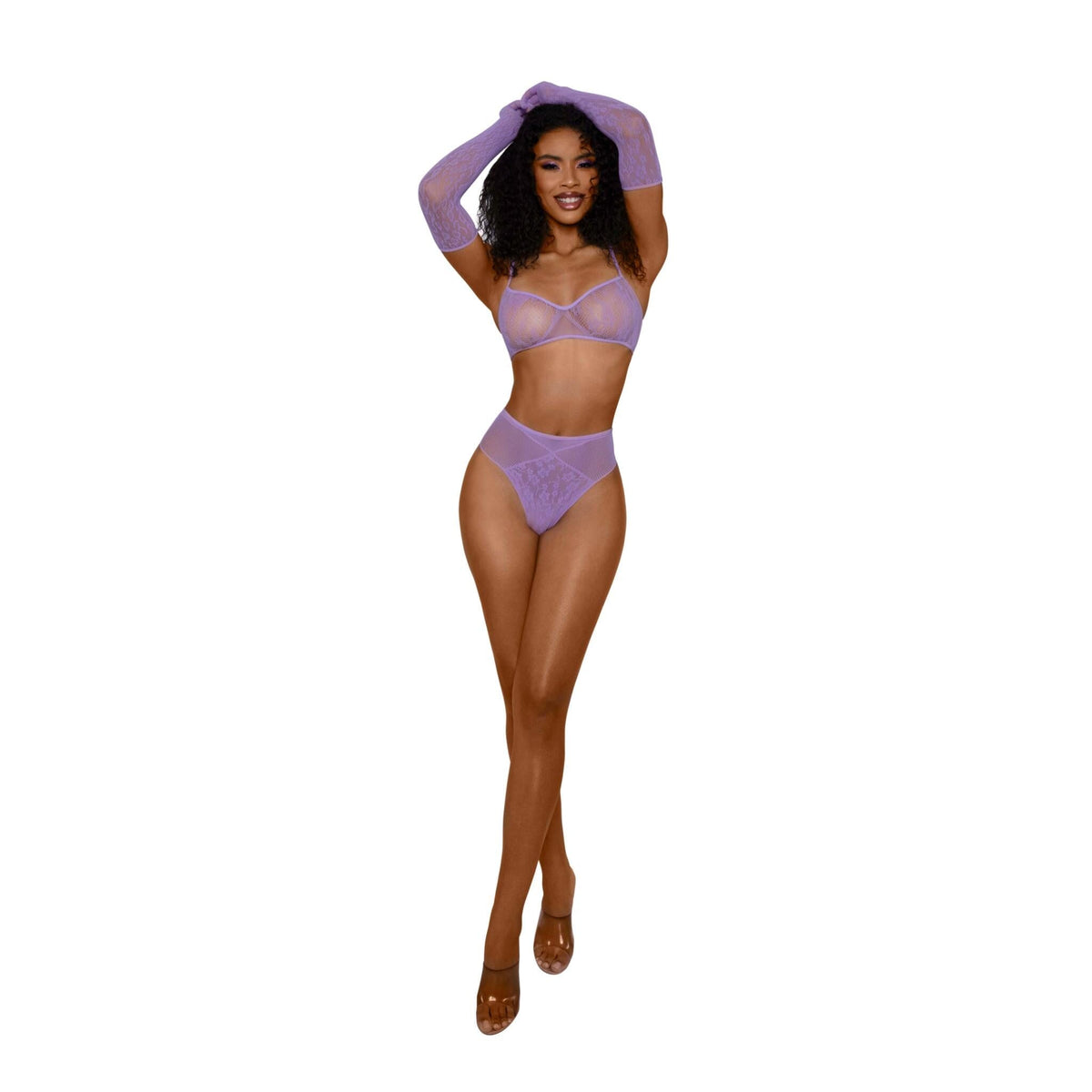 Dreamgirl Lace Bralette Panty and Gloves Set - Lilac