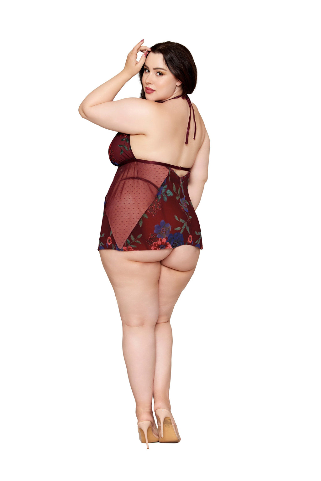 Dreamgirl Plus Floral Cherry Lacquer Babydoll & G-String