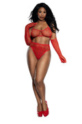 Dreamgirl Plus Lace Bralette Panty and Gloves Set - Red