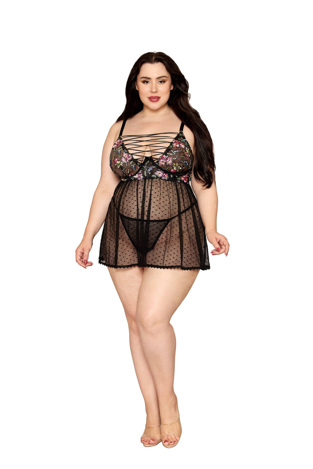 Dreamgirl Plus Black Floral Babydoll & G-String