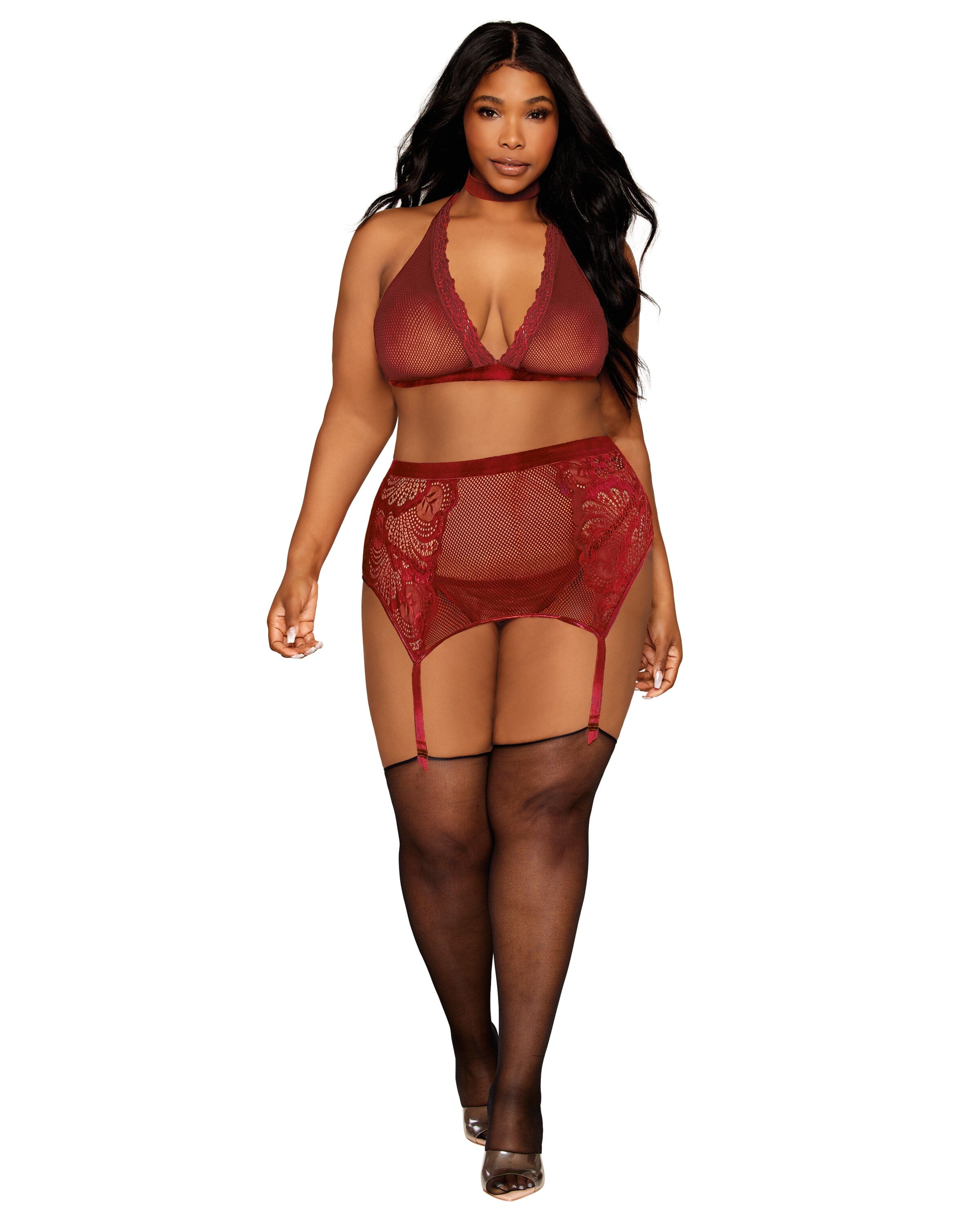 Dreamgirl Plus Velvet Trim Halter Bralette & Garter Set