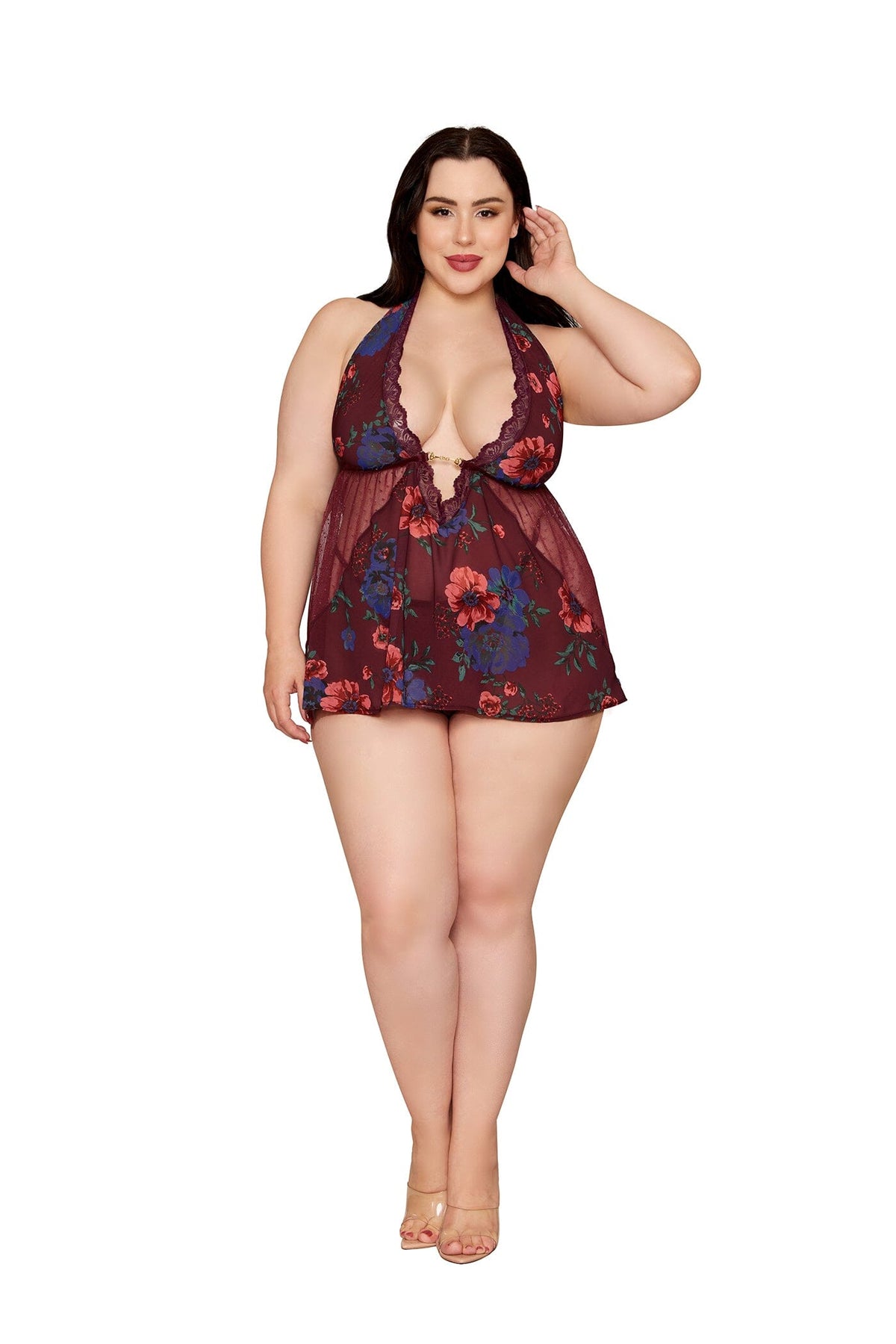 Dreamgirl Plus Floral Cherry Lacquer Babydoll & G-String