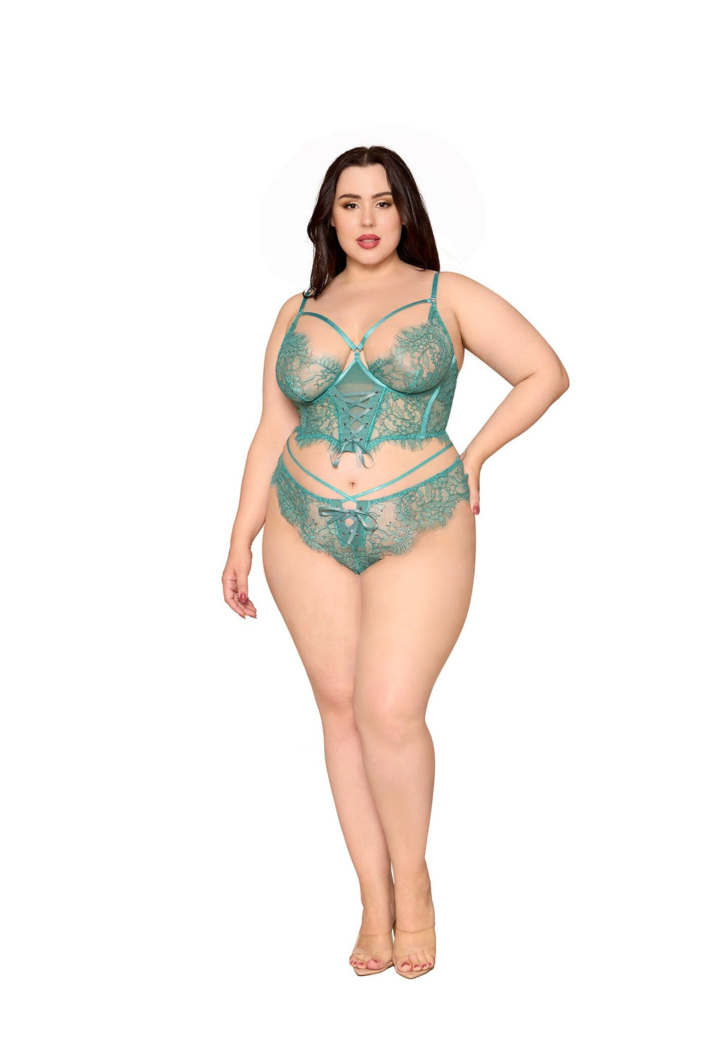 Dreamgirl Plus Lace Cropped Bustier & Thong - Agate