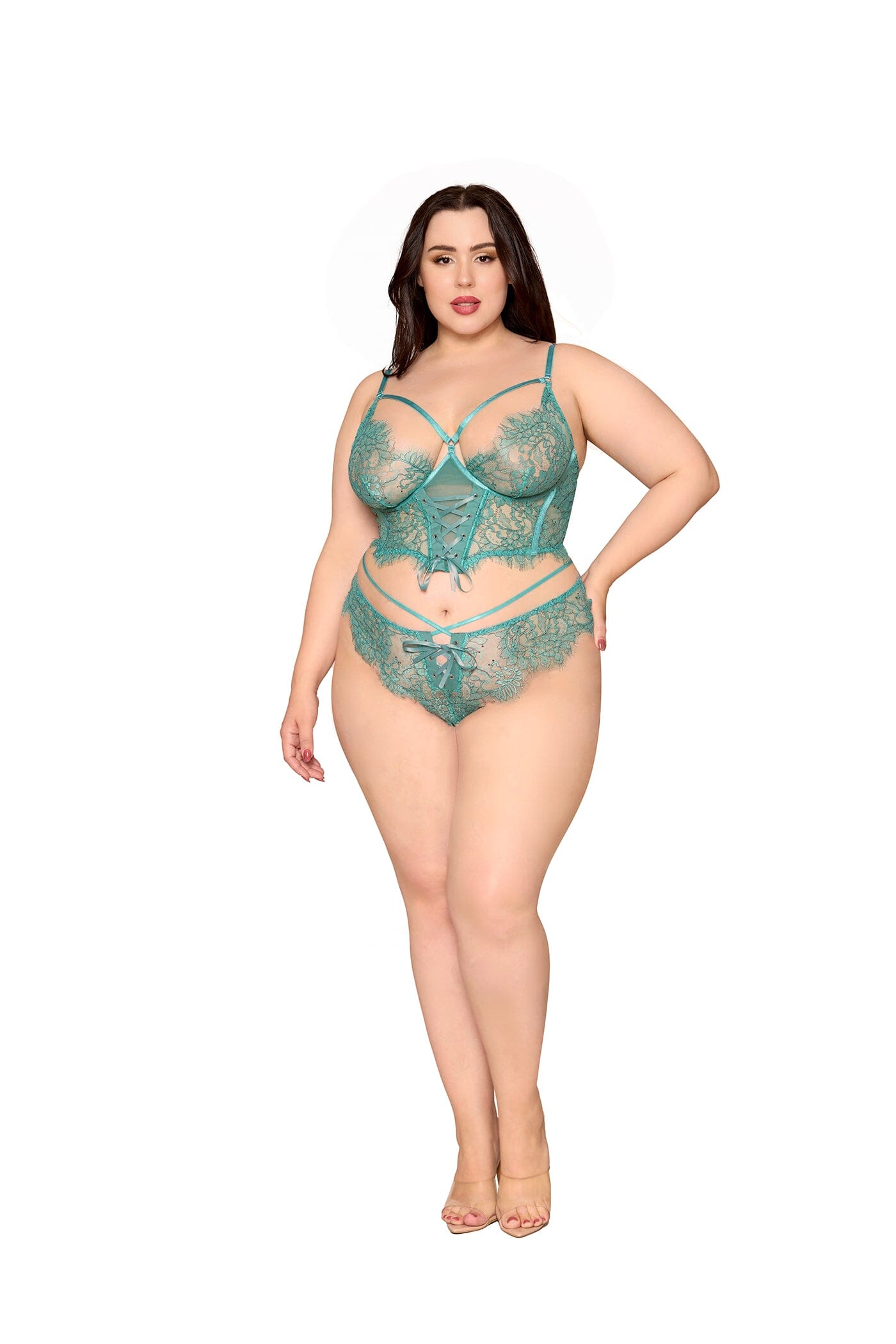 Dreamgirl Plus Lace Cropped Bustier & Thong - Agate