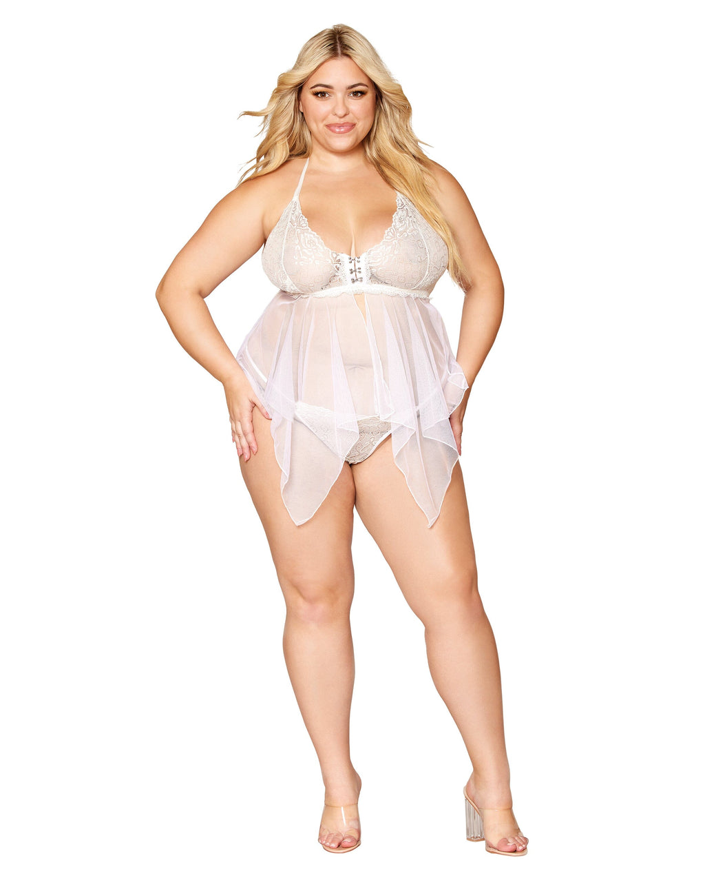 Dreamgirl Plus Lace and Mesh Babydoll and G-string Set