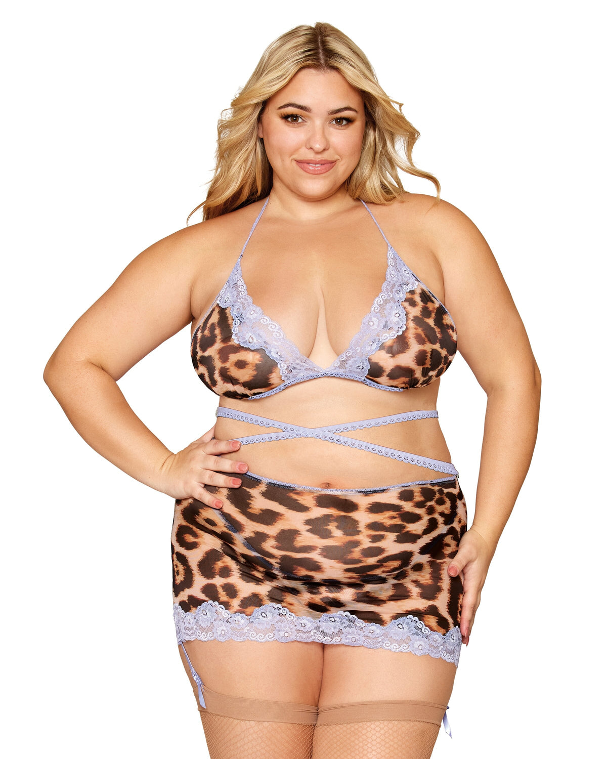 Dreamgirl Plus Leopard Contrast Scalloped Lace Bralette, Garter Skirt, & G-String Set