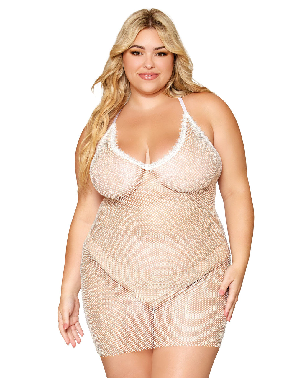 Dreamgirl Plus Rhinestone Fishnet Chemise with Eyelash Lace Trim