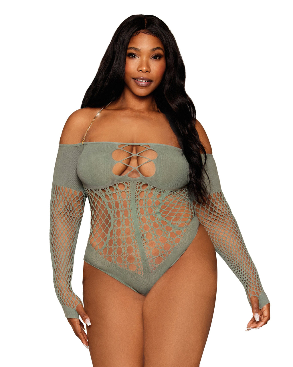 Dreamgirl Plus Seamless Long Sleeve Teddy with Removeable Chain