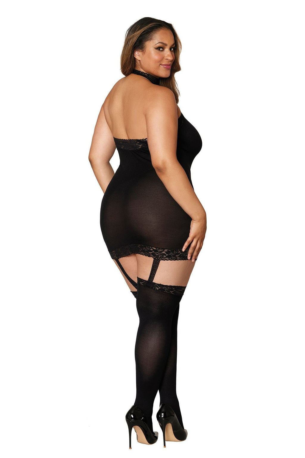 Dreamgirl Plus Sheer Garter Bodystocking with Thigh High