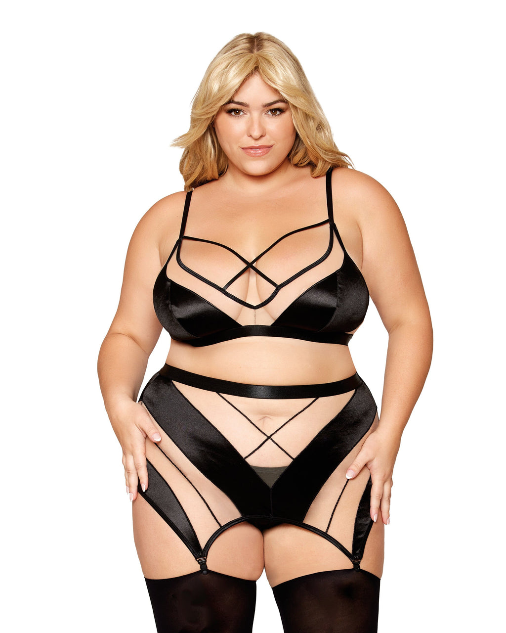 Dreamgirl Plus Sheer Panel Bralette, Garter Skirt, & G-String Set
