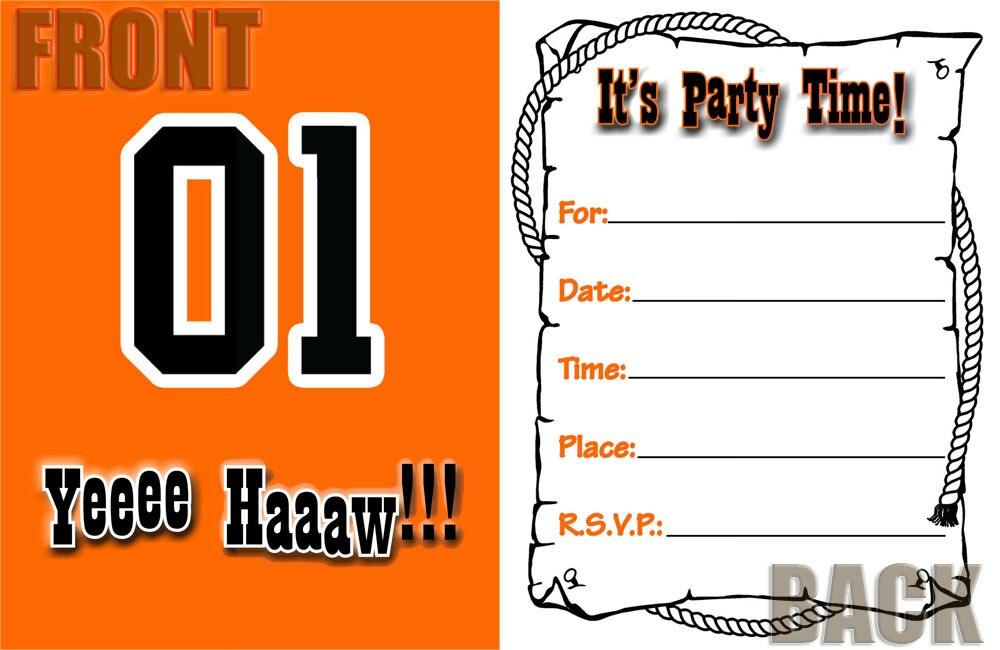 Dukes of Hazzard General Lee #01 Kids Birthday Party Invitations